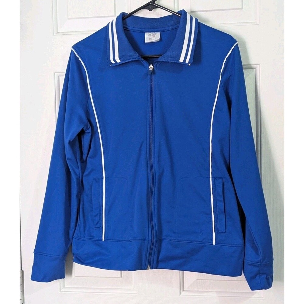 DANSKIN Soft Track Jacket Womens Large Blue White Full Zip Workout Athleisure